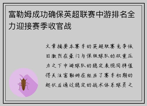 富勒姆成功确保英超联赛中游排名全力迎接赛季收官战 富勒姆成功确保英超联赛中游排名全力迎接赛季收官战